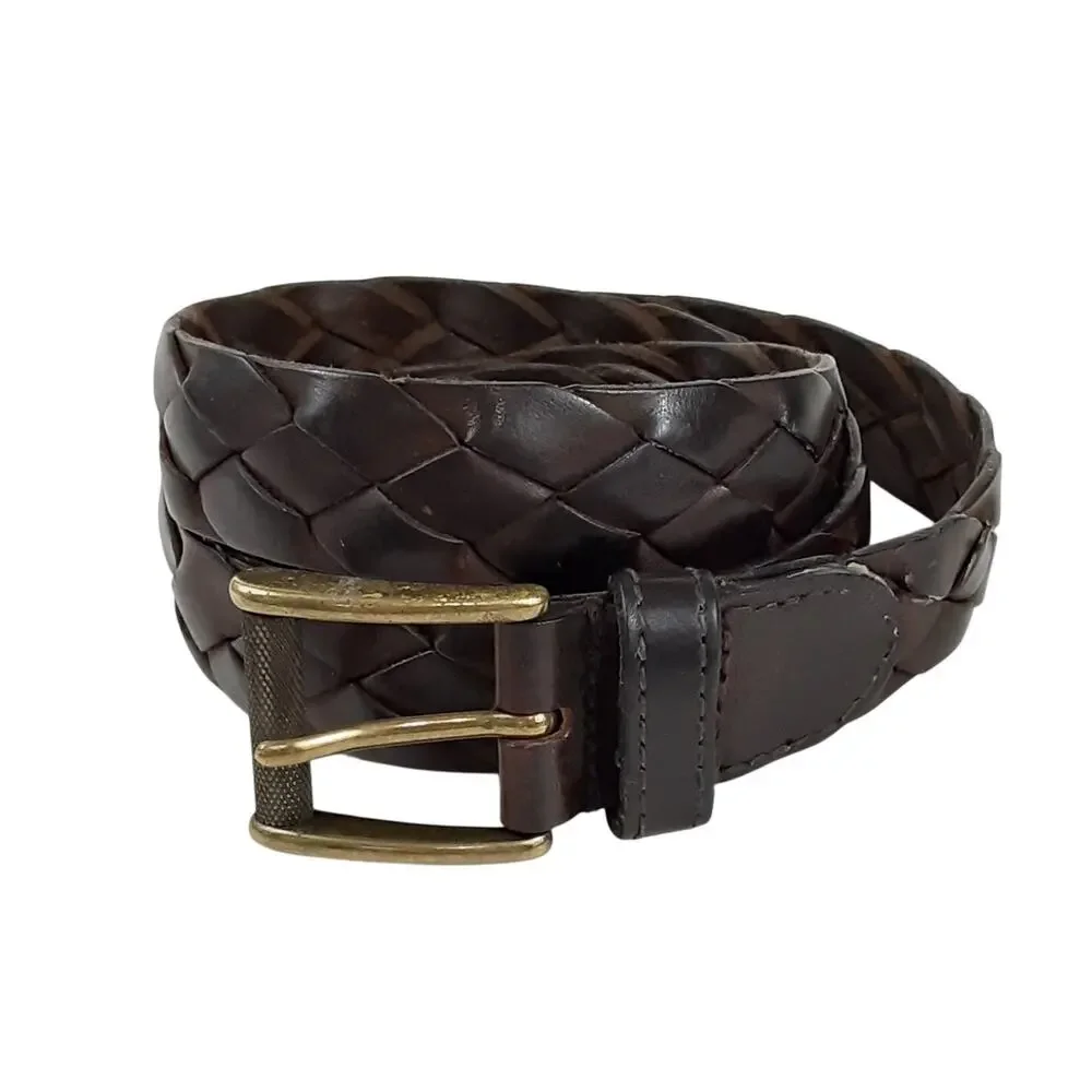 Vintage 90s Braided Leather Belt Brown Brass Buckle Full Grain Mens XL Luxury
